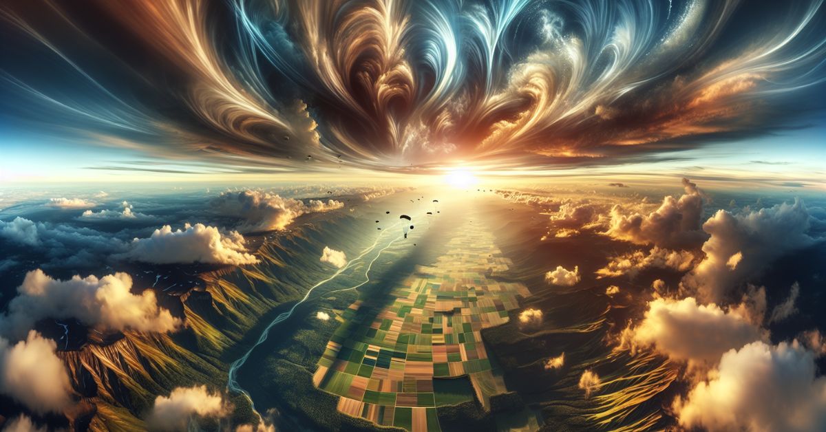 faldskærmsudspring udsigt med skyer og marker